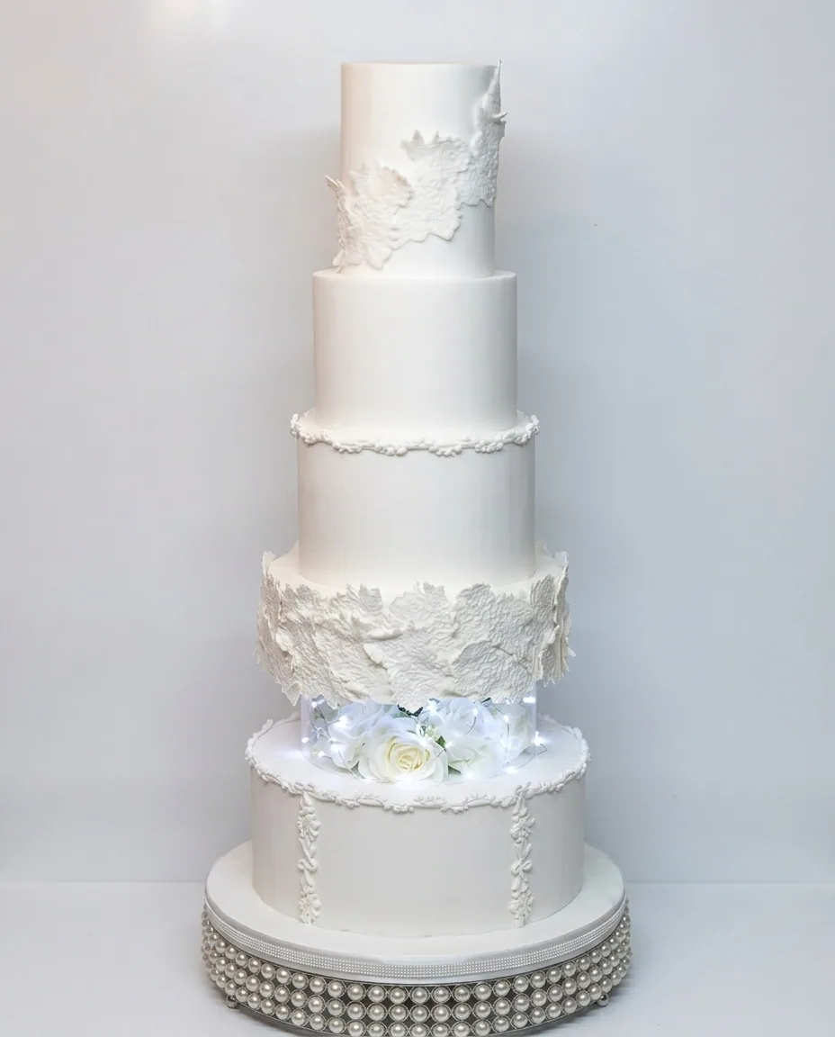 Tort de nuntă alb cu cinci niveluri, decor floral din pastă de zahăr în relief și un rând de luminițe calde sub nivelul de jos, pe fundal alb de studio