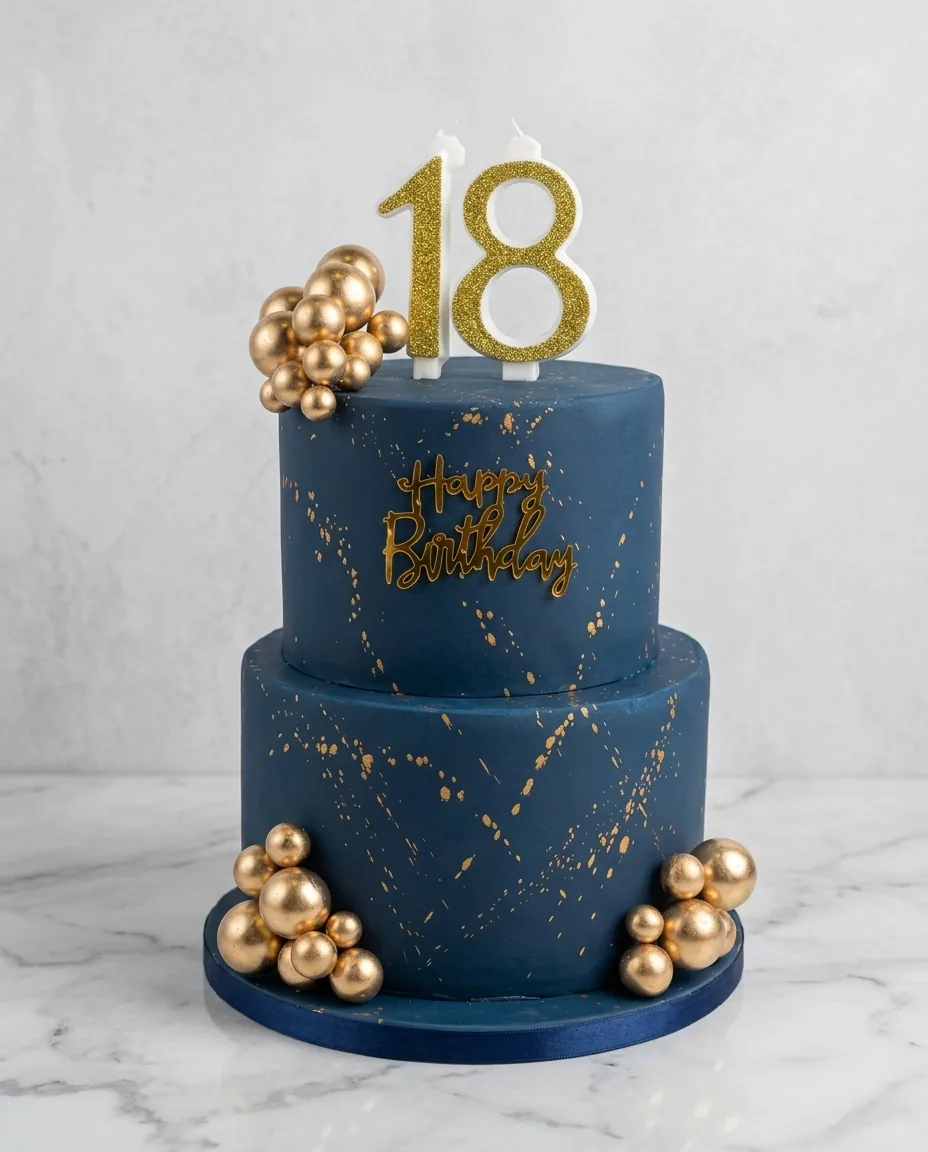Tort aniversar cu două niveluri, glazură bleumarin cu stropi aurii, bile aurii lucioase, inscripția „Happy Birthday” și o lumânare aurie în formă de 18, pe blat de marmură