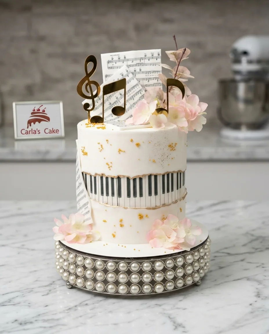 Tort aniversar cu temă muzicală — bandă fondant cu clape de pian, foi de partitură, note muzicale și cheie sol aurii, flori roz pudrat — pe un suport cu perle, într-o bucătărie de cofetărie