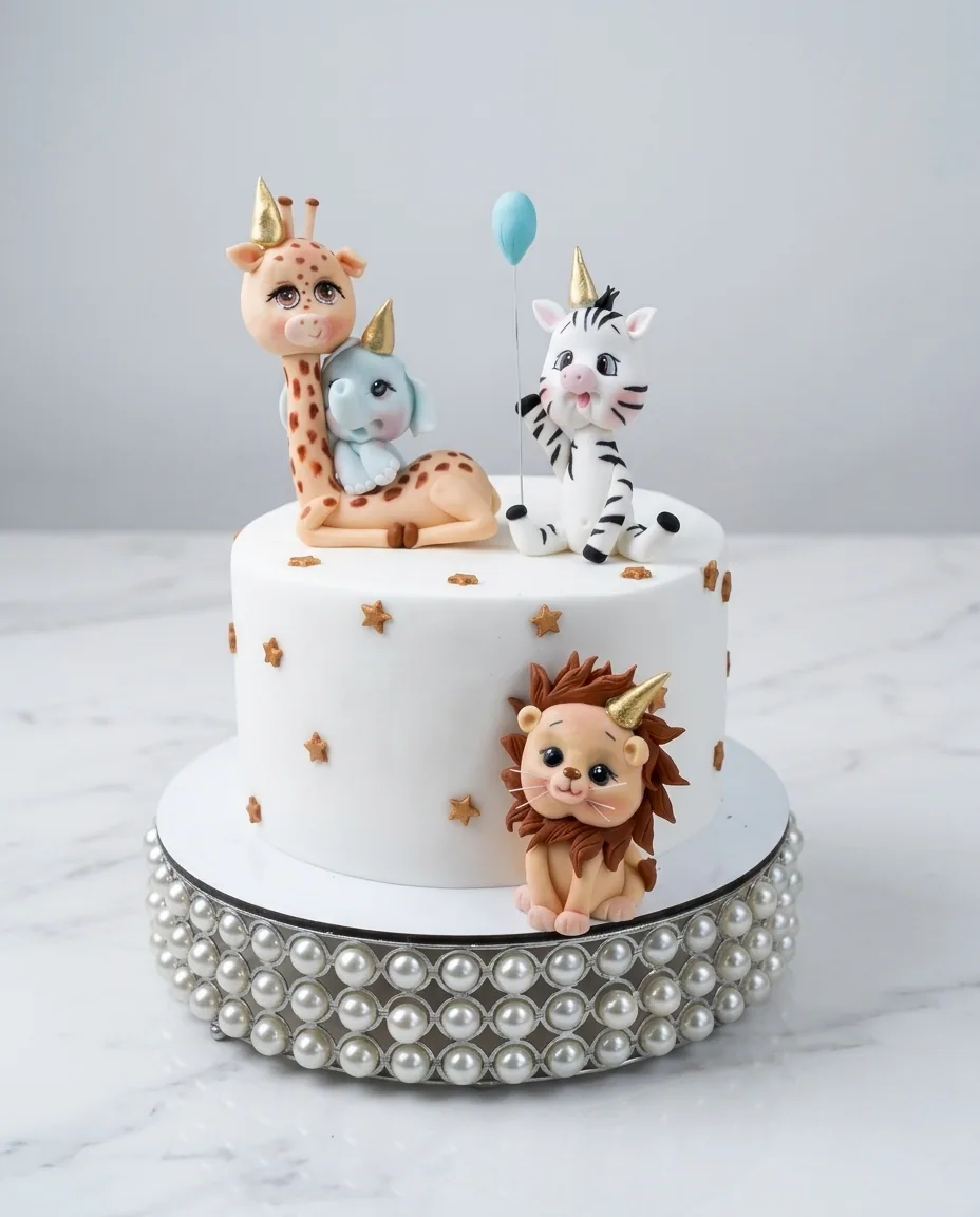 Tort aniversar pentru copii, glazură albă cu steluțe aurii și figurine fondant de girafă, elefant, zebră și leu, cu un balon bleu, pe suport cu perle argintii