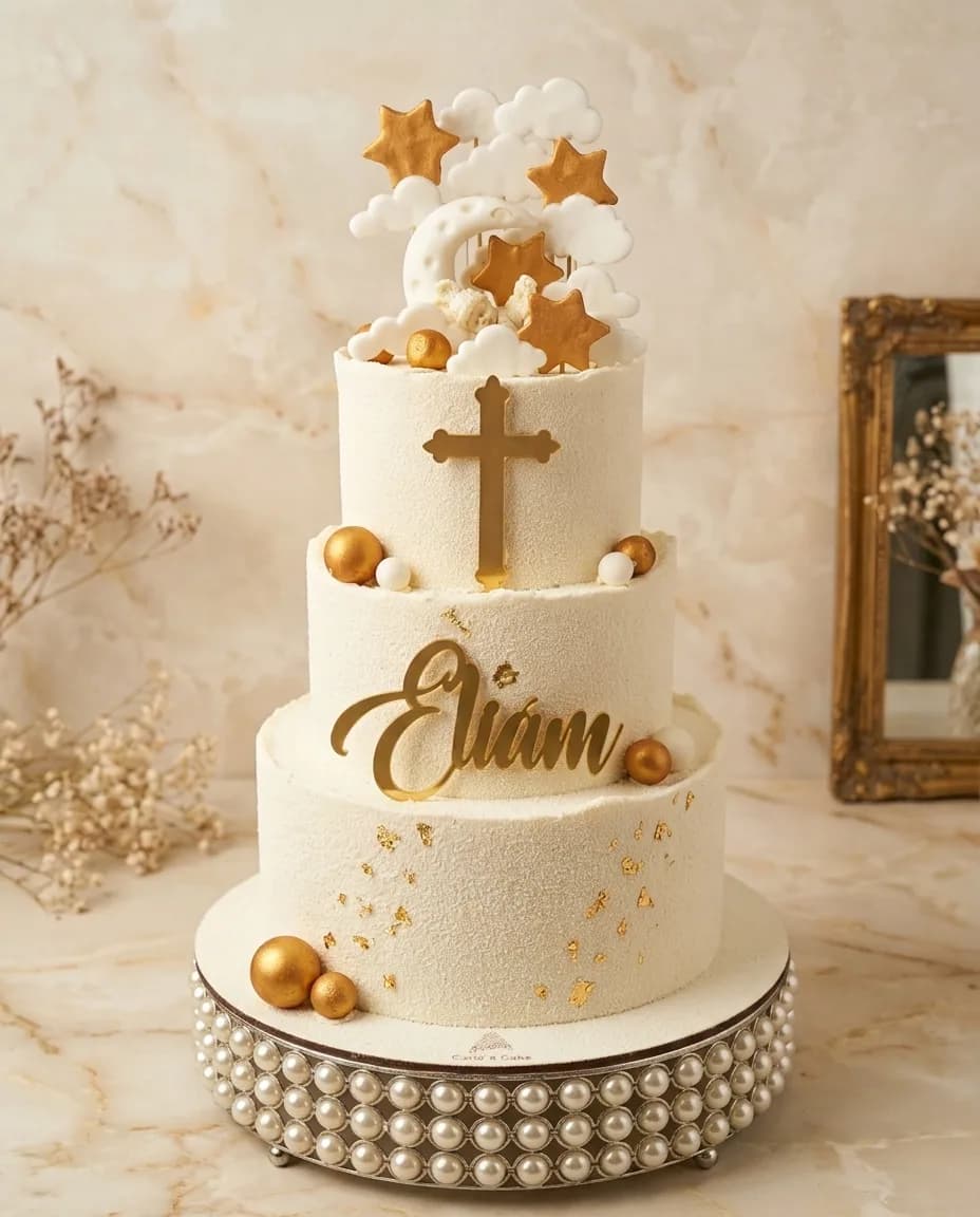 Tort de botez cu trei niveluri, glazură albă texturată, cruce aurie, stele și nori din fondant, bile aurii și albe și numele copilului decupat în auriu, pe suport cu perle
